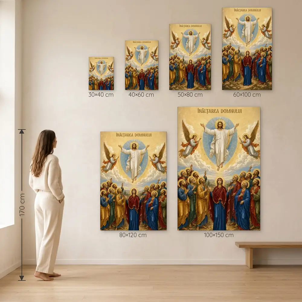 Icoana Înălțarea Domnului Tablou Canvas Ortodox – dimensiuni disponibile (30×40, 40×60, 50×80, 60×100, 80×120, 100×150 cm) pe perete, la scară reală lângă o persoană de 1,70 m