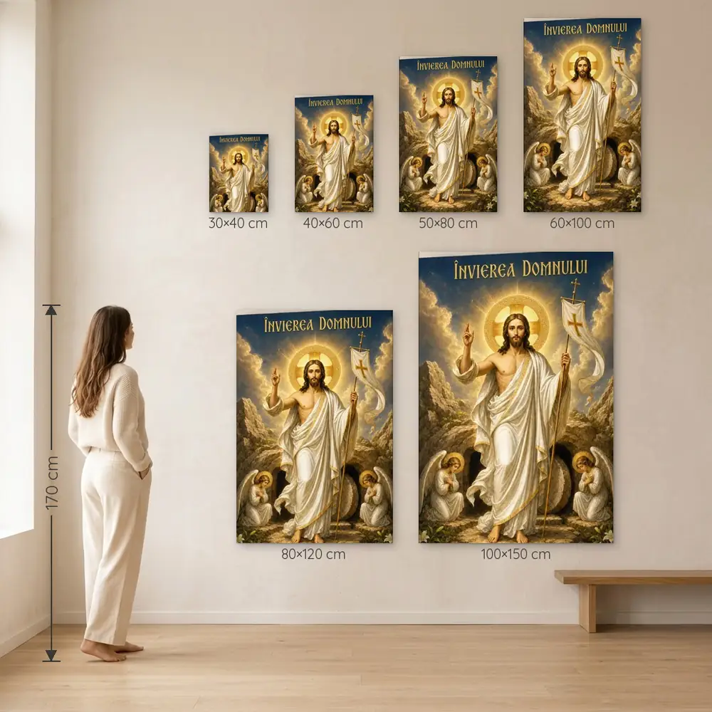 Icoana Învierea Domnului Tablou Canvas Ortodox – dimensiuni disponibile (30×40, 40×60, 50×80, 60×100, 80×120, 100×150 cm) pe perete, la scară reală lângă o persoană de 1,70 m