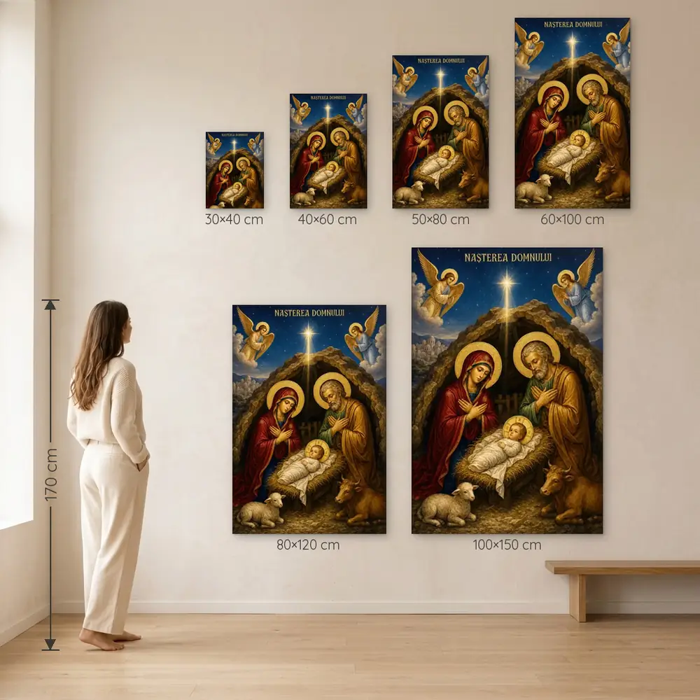 Icoana Nașterea Domnului Tablou Canvas Ortodox – dimensiuni disponibile (30×40, 40×60, 50×80, 60×100, 80×120, 100×150 cm) pe perete, la scară reală lângă o persoană de 1,70 m