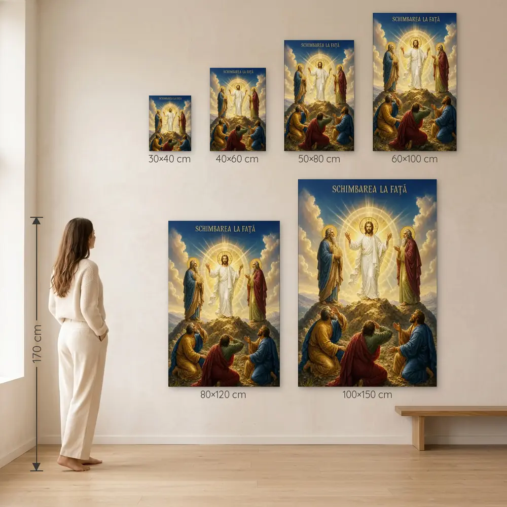 Icoana Schimbarea la Față Tablou Canvas Ortodox – dimensiuni disponibile (30×40, 40×60, 50×80, 60×100, 80×120, 100×150 cm) pe perete, la scară reală lângă o persoană de 1,70 m