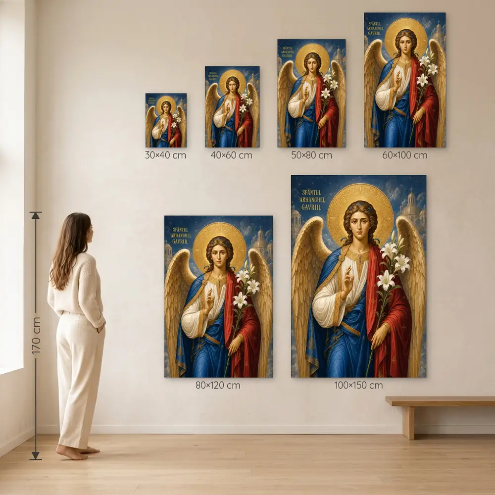 Icoana Sfântul Arhanghel Gavriil Tablou Canvas Ortodox – dimensiuni disponibile (30×40, 40×60, 50×80, 60×100, 80×120, 100×150 cm) pe perete, la scară reală lângă o persoană de 1,70 m