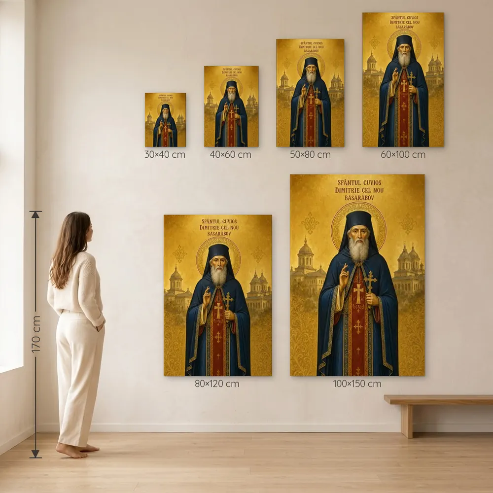Icoana Sfântul Cuvios Dimitrie cel Nou Basarabov Tablou Canvas Ortodox – dimensiuni disponibile (30×40, 40×60, 50×80, 60×100, 80×120, 100×150 cm) pe perete, la scară reală lângă o persoană de 1,70 m