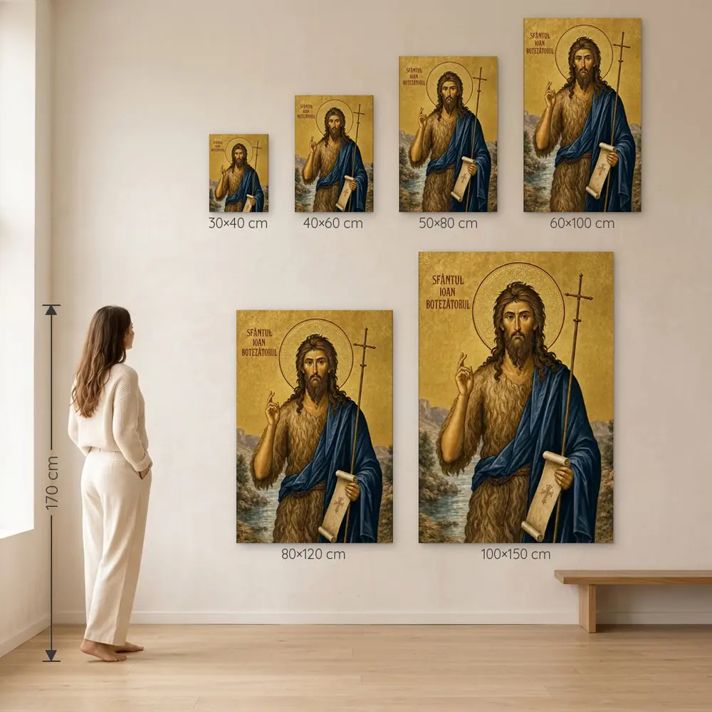 Icoana Sfântul Ioan Botezătorul Tablou Canvas Ortodox – dimensiuni disponibile (30×40, 40×60, 50×80, 60×100, 80×120, 100×150 cm) pe perete, la scară reală lângă o persoană de 1,70 m