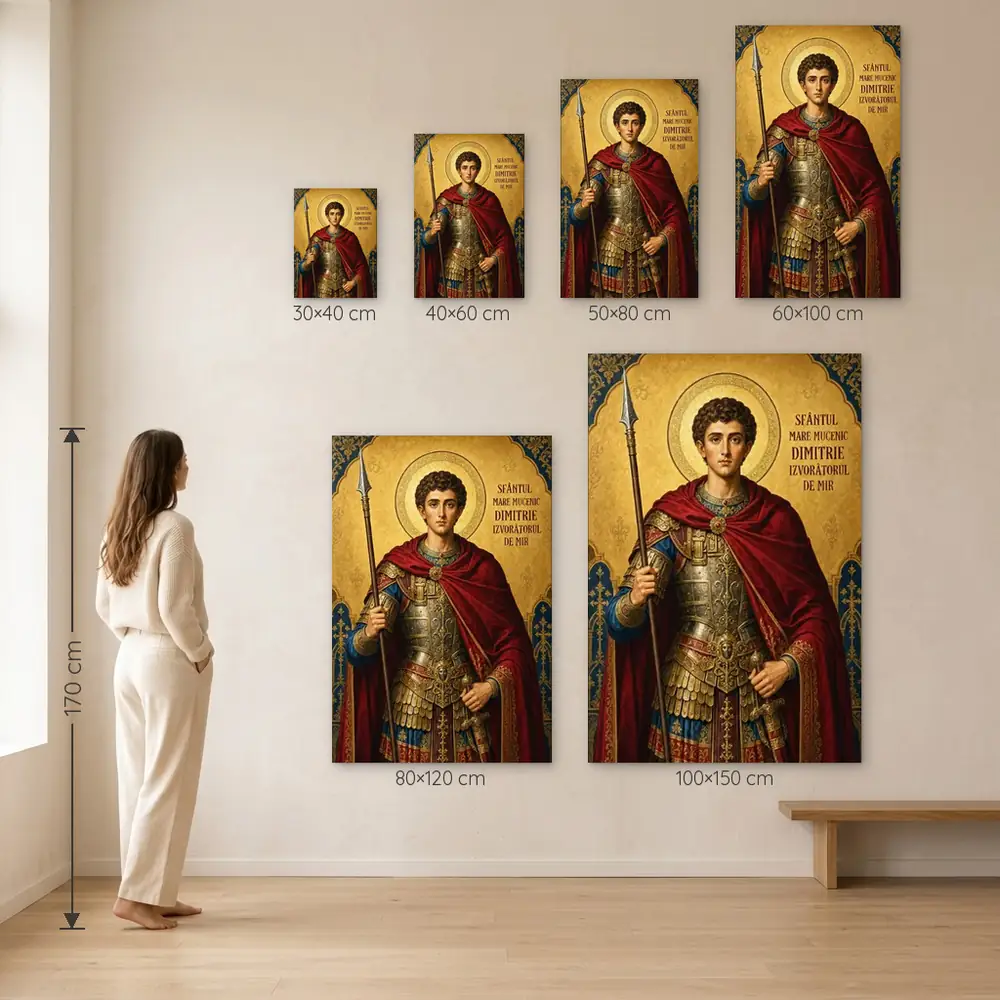 Icoana Sfântul Mare Mucenic Dimitrie Izvorâtorul de Mir Tablou Canvas Ortodox – dimensiuni disponibile (30×40, 40×60, 50×80, 60×100, 80×120, 100×150 cm) pe perete, la scară reală lângă o persoană de 1,70 m