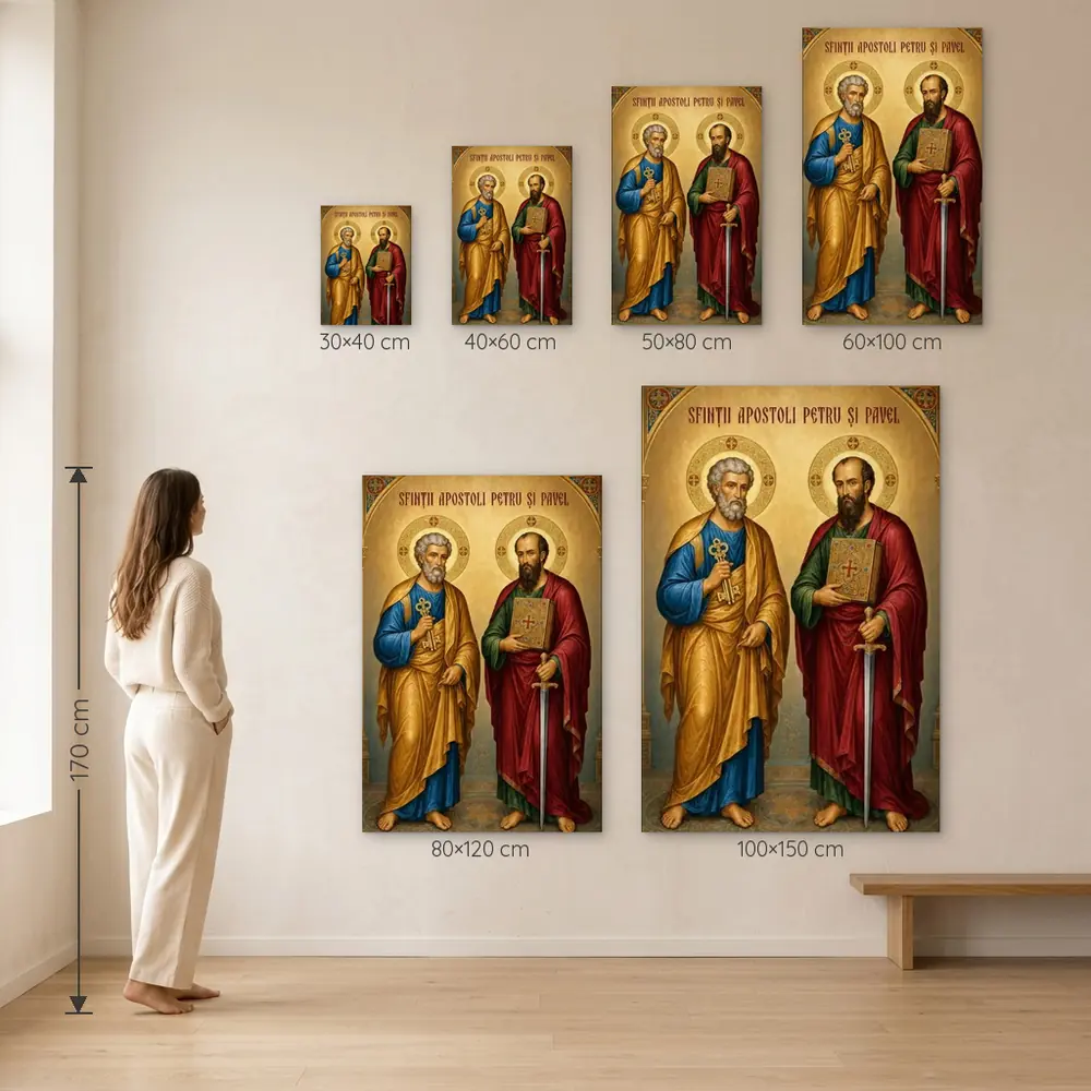 Icoana Sfinții Apostoli Petru și Pavel Tablou Canvas Ortodox – dimensiuni disponibile (30×40, 40×60, 50×80, 60×100, 80×120, 100×150 cm) pe perete, la scară reală lângă o persoană de 1,70 m