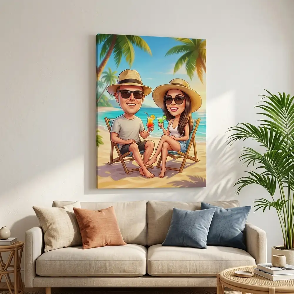 Tablou Canvas Caricatură Cuplu în Vacanță pe Plajă – tablou canvas în decor