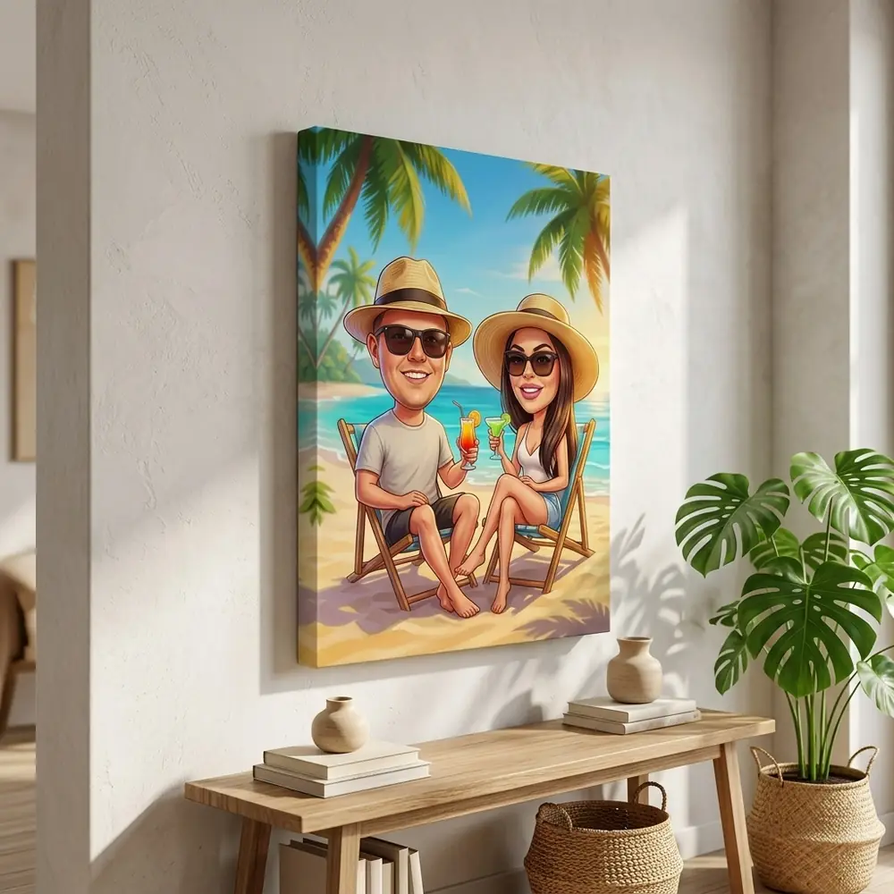 Tablou Canvas Caricatură Cuplu în Vacanță pe Plajă – tablou canvas în decor