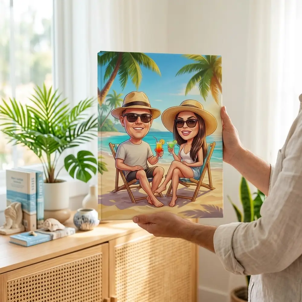 Tablou Canvas Caricatură Cuplu în Vacanță pe Plajă – tablou canvas în decor
