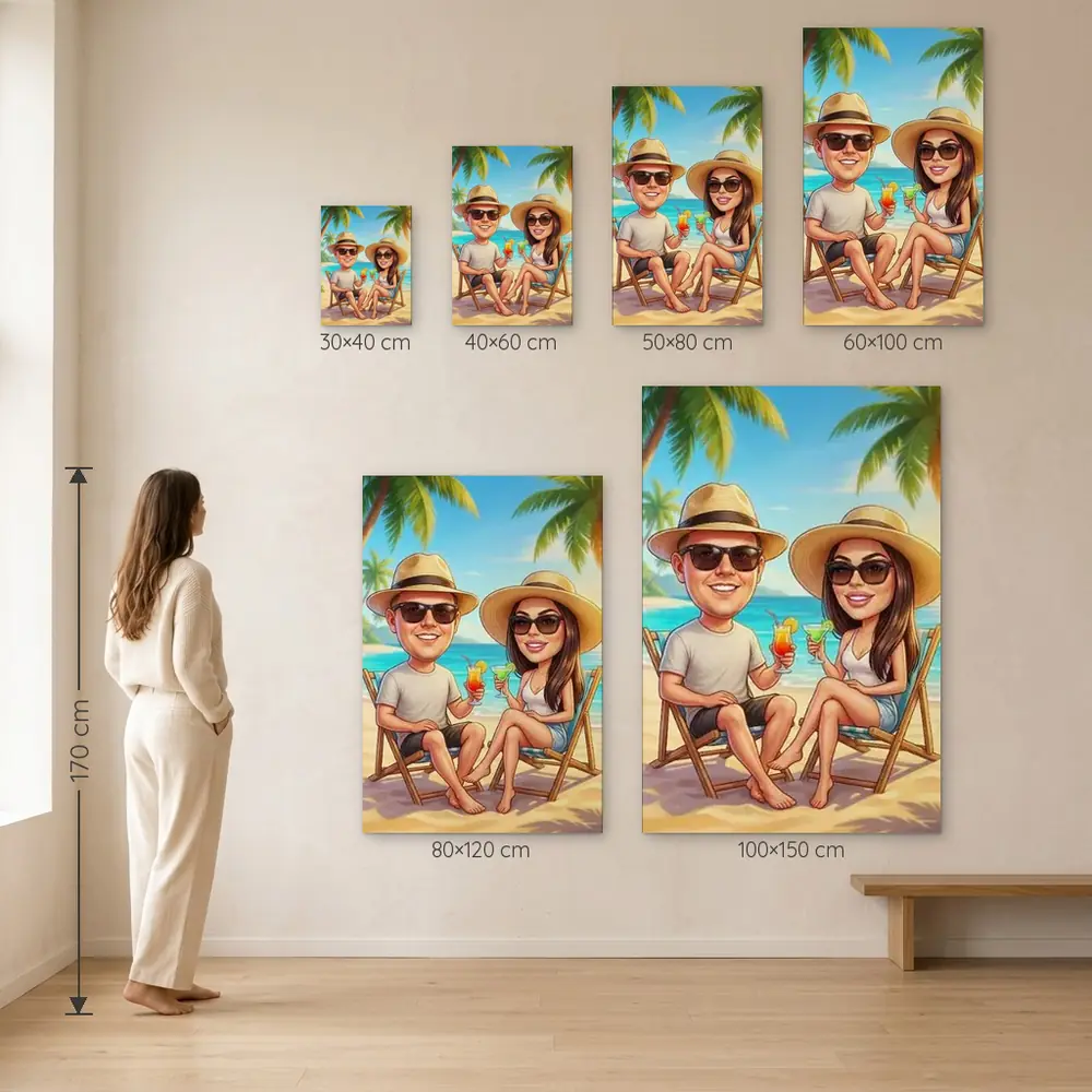 Tablou Canvas Caricatură Cuplu în Vacanță pe Plajă – dimensiuni disponibile (30×40, 40×60, 50×80, 60×100, 80×120, 100×150 cm) pe perete, la scară reală lângă o persoană de 1,70 m