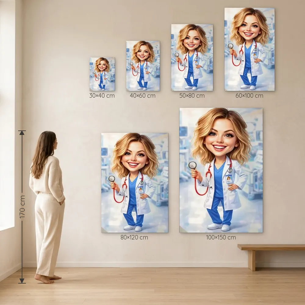 Tablou Canvas Caricatură Medic – dimensiuni disponibile (30×40, 40×60, 50×80, 60×100, 80×120, 100×150 cm) pe perete, la scară reală lângă o persoană de 1,70 m