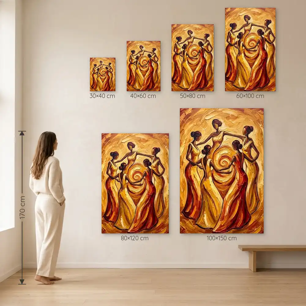 Tablou Canvas Femei Africane – Energia Feminității – dimensiuni disponibile (30×40, 40×60, 50×80, 60×100, 80×120, 100×150 cm) pe perete, la scară reală lângă o persoană de 1,70 m