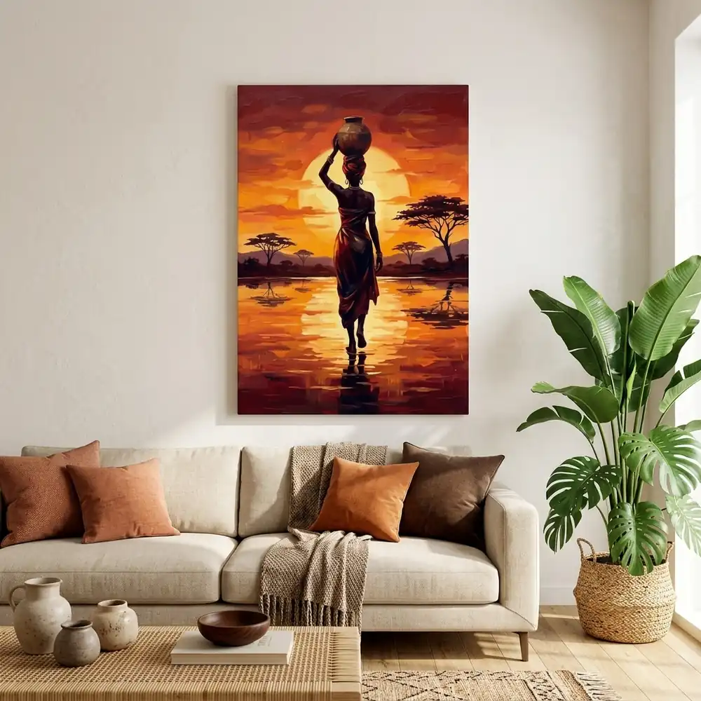 Tablou Canvas Femeie Africană – Apus de Soare în Savană – tablou canvas în decor