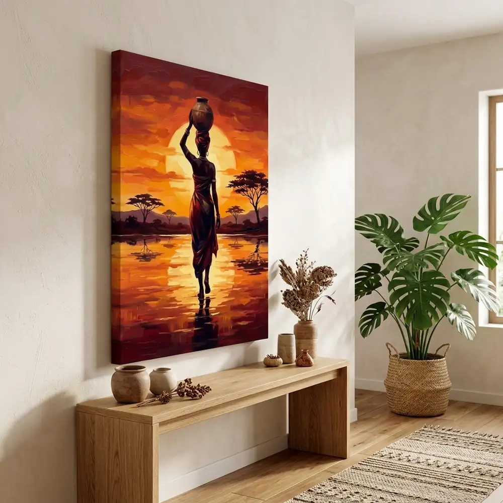 Tablou Canvas Femeie Africană – Apus de Soare în Savană – tablou canvas în decor