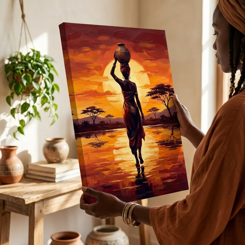 Tablou Canvas Femeie Africană – Apus de Soare în Savană – tablou canvas în decor