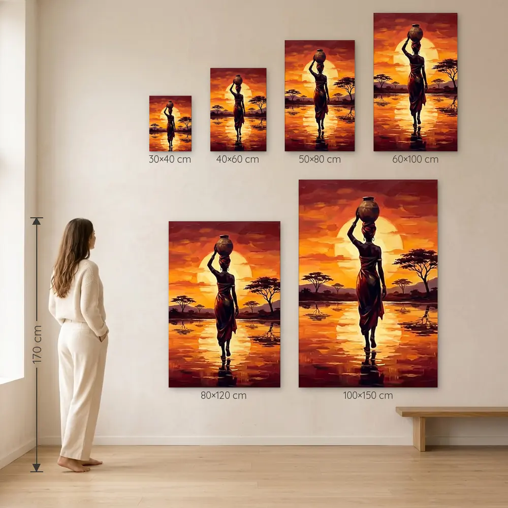 Tablou Canvas Femeie Africană – Apus de Soare în Savană – dimensiuni disponibile (30×40, 40×60, 50×80, 60×100, 80×120, 100×150 cm) pe perete, la scară reală lângă o persoană de 1,70 m
