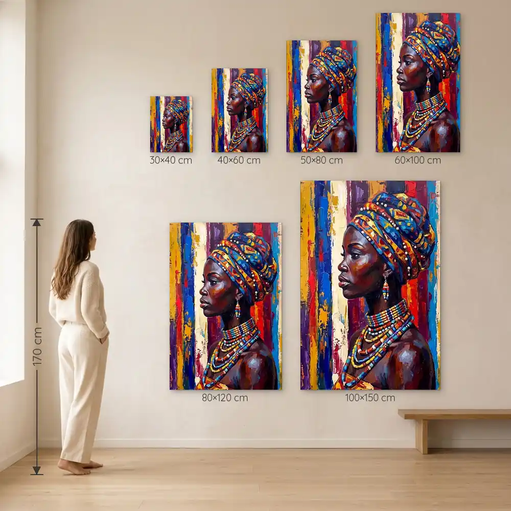 Tablou Canvas Femeie Africană – Eleganță Tribală – dimensiuni disponibile (30×40, 40×60, 50×80, 60×100, 80×120, 100×150 cm) pe perete, la scară reală lângă o persoană de 1,70 m