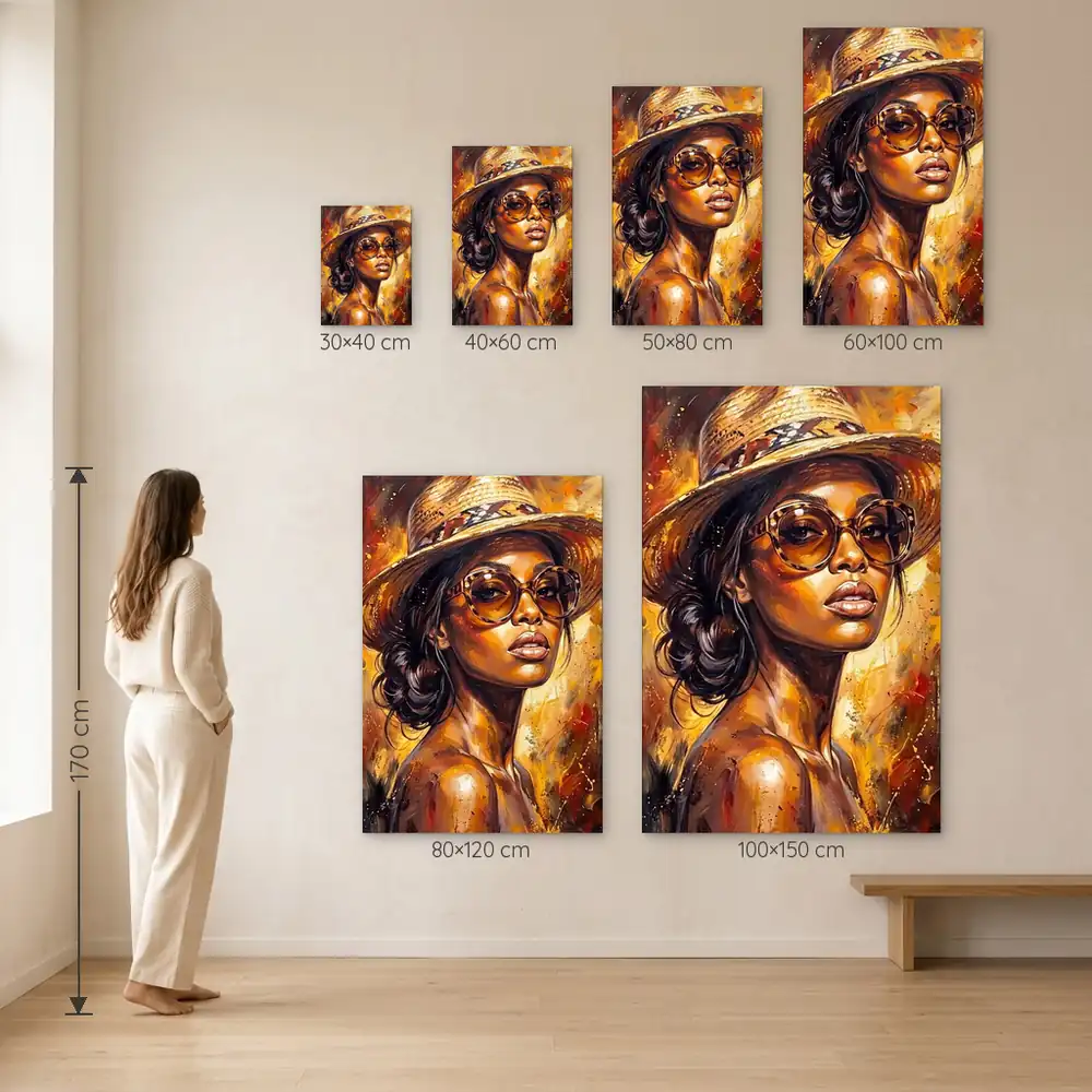 Tablou Canvas Femeie Africană – Golden Diva – dimensiuni disponibile (30×40, 40×60, 50×80, 60×100, 80×120, 100×150 cm) pe perete, la scară reală lângă o persoană de 1,70 m