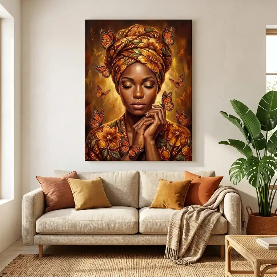 Tablou Canvas Femeie Africană – Grădina Fluturilor – tablou canvas în decor