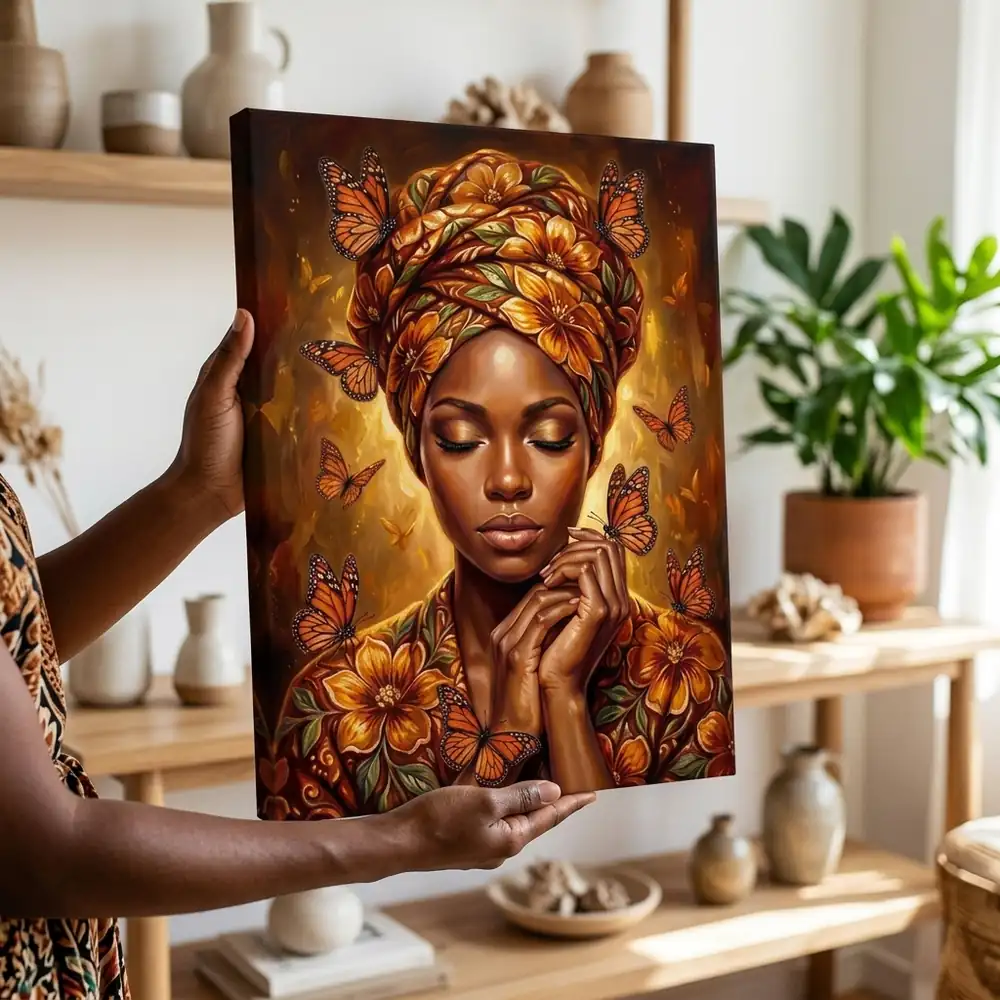 Tablou Canvas Femeie Africană – Grădina Fluturilor – tablou canvas în decor