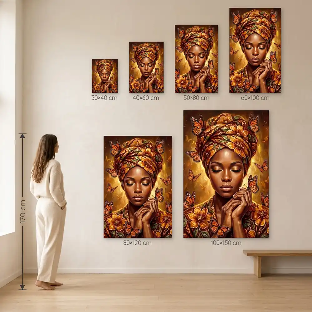 Tablou Canvas Femeie Africană – Grădina Fluturilor – dimensiuni disponibile (30×40, 40×60, 50×80, 60×100, 80×120, 100×150 cm) pe perete, la scară reală lângă o persoană de 1,70 m