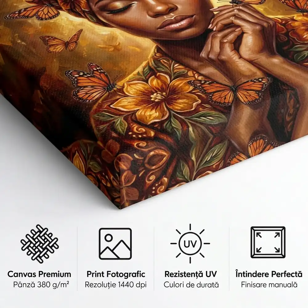 Tablou Canvas Femeie Africană – Grădina Fluturilor – detalii și specificații