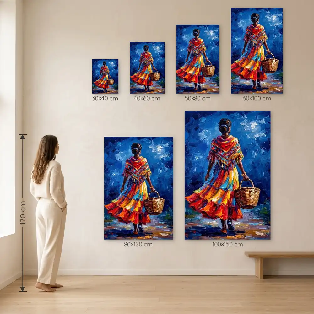Tablou Canvas Femeie Africană – Pași în Culorile Vieții – dimensiuni disponibile (30×40, 40×60, 50×80, 60×100, 80×120, 100×150 cm) pe perete, la scară reală lângă o persoană de 1,70 m