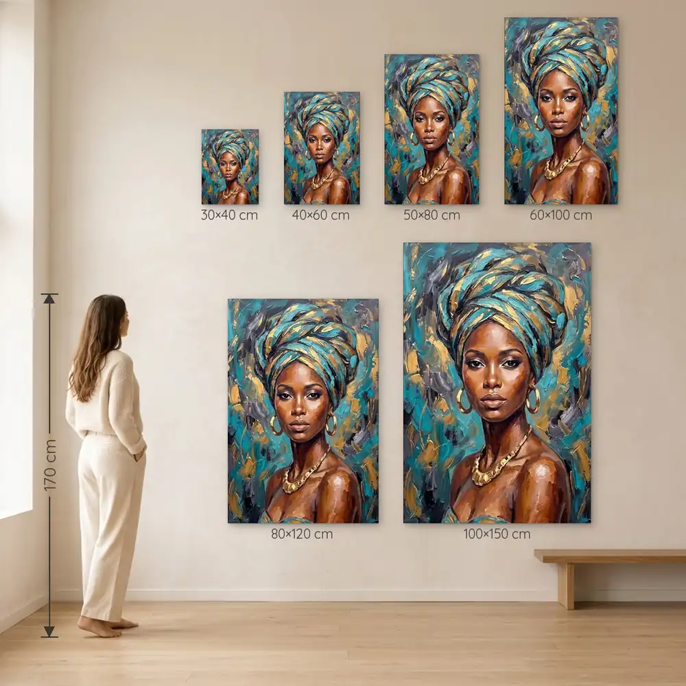 Tablou Canvas Femeie Africană – Perla Africii – dimensiuni disponibile (30×40, 40×60, 50×80, 60×100, 80×120, 100×150 cm) pe perete, la scară reală lângă o persoană de 1,70 m