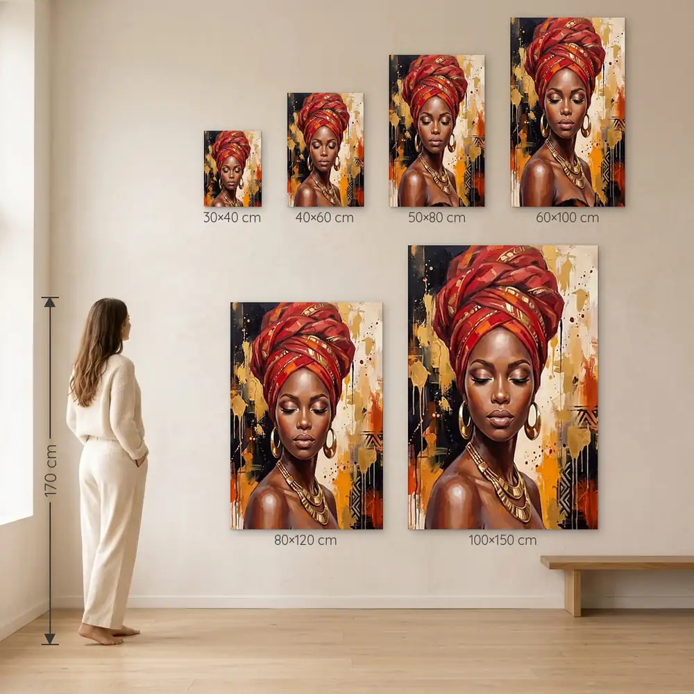 Tablou Canvas Femeie Africană – Regina de Rubin – dimensiuni disponibile (30×40, 40×60, 50×80, 60×100, 80×120, 100×150 cm) pe perete, la scară reală lângă o persoană de 1,70 m