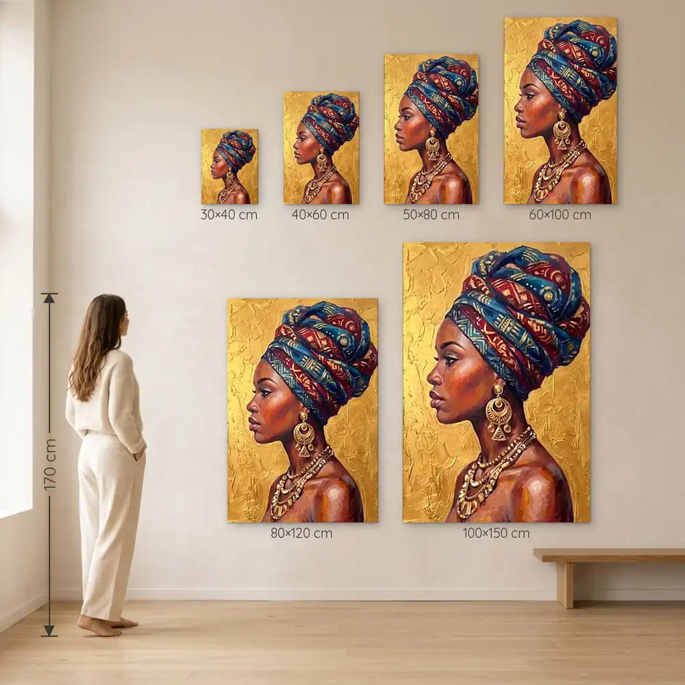 Tablou Canvas Femeie Africană – Regina Deșertului – dimensiuni disponibile (30×40, 40×60, 50×80, 60×100, 80×120, 100×150 cm) pe perete, la scară reală lângă o persoană de 1,70 m