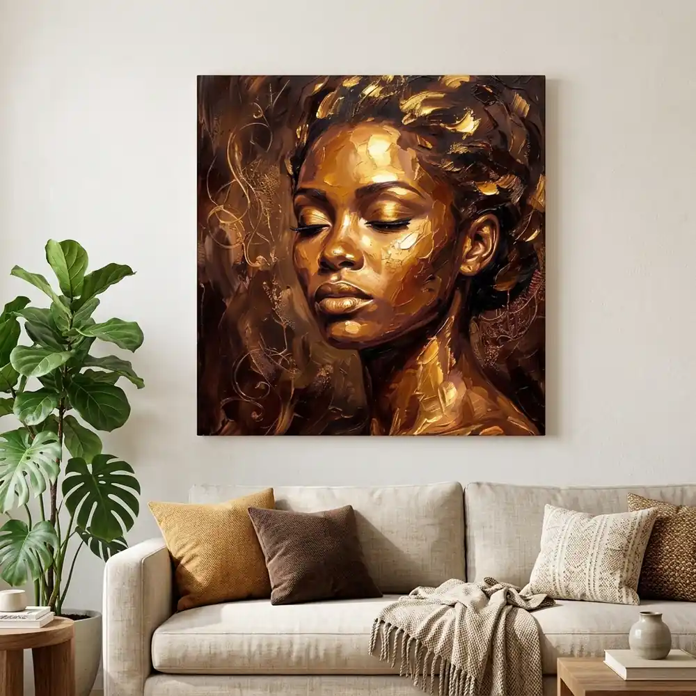 Tablou Canvas Femeie Africană – Vis de Ciocolată și Aur – tablou canvas în decor