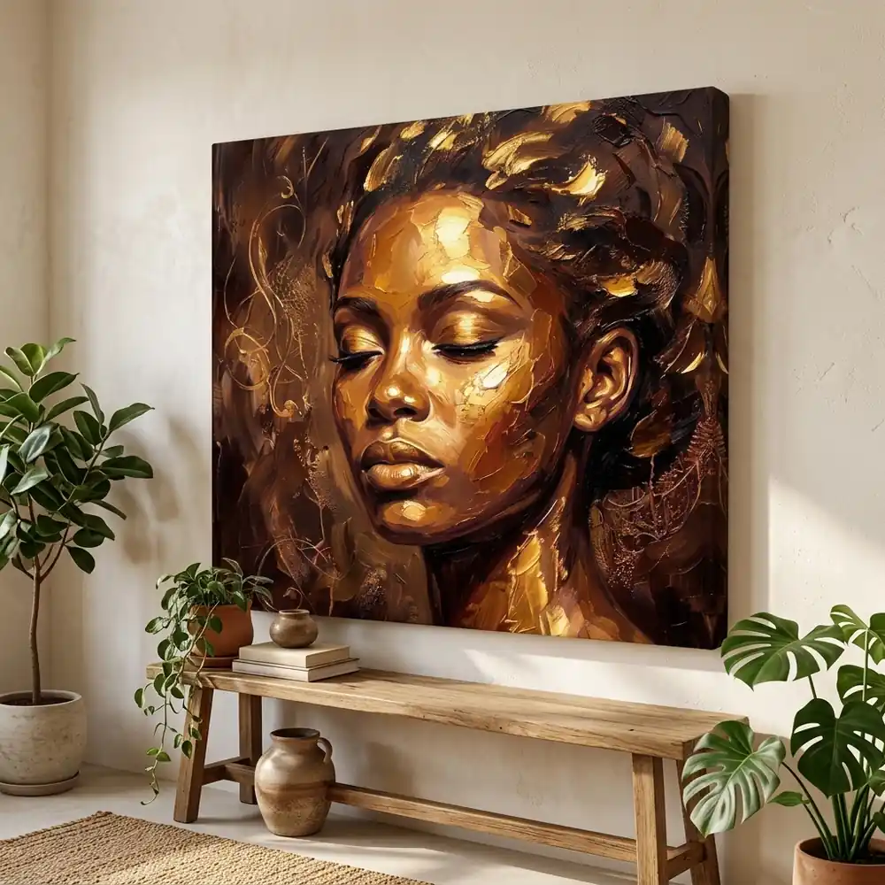 Tablou Canvas Femeie Africană – Vis de Ciocolată și Aur – tablou canvas în decor