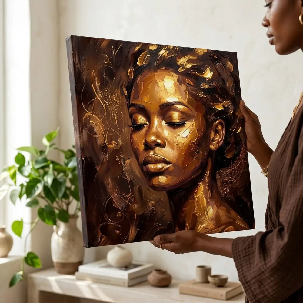 Tablou Canvas Femeie Africană – Vis de Ciocolată și Aur – tablou canvas în decor