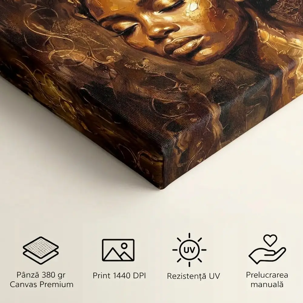 Tablou Canvas Femeie Africană – Vis de Ciocolată și Aur – detalii și specificații