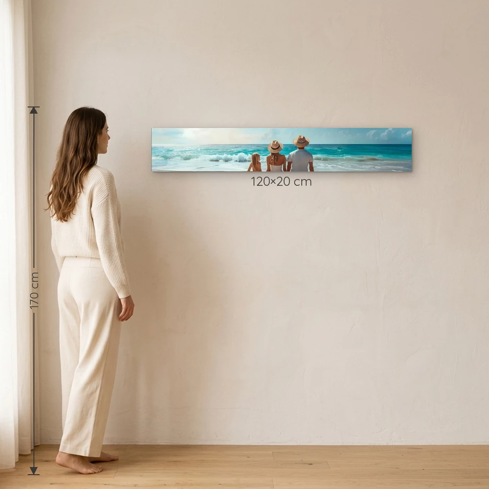 Tablou Canvas Personalizat 20×120 cm – tablou canvas 20×120 cm pe perete, la scară reală lângă o persoană de 1,70 m