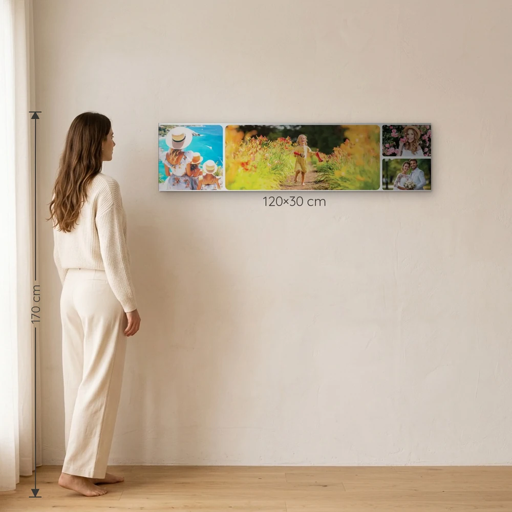 Tablou Canvas Personalizat 30×120 cm – tablou canvas 30×120 cm pe perete, la scară reală lângă o persoană de 1,70 m