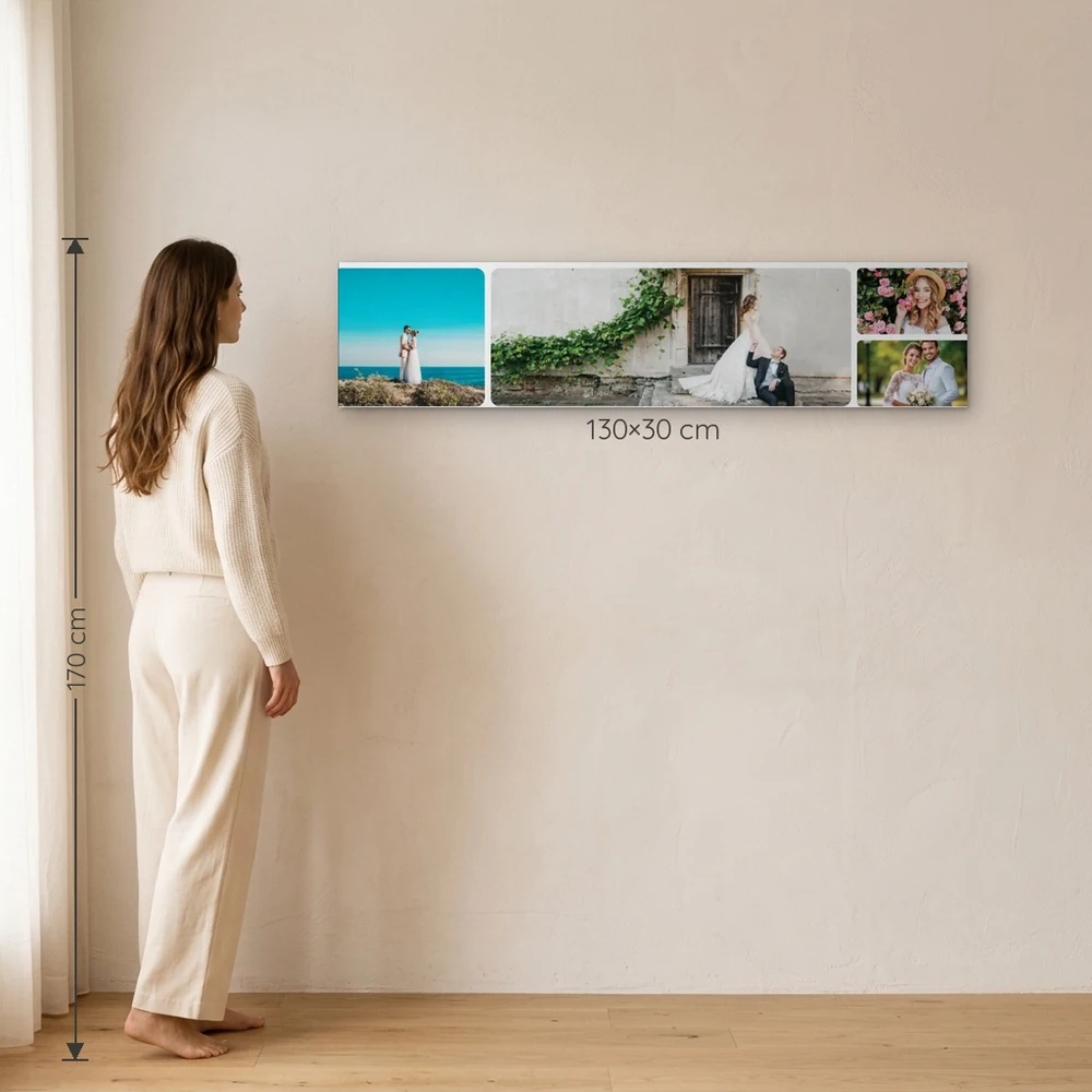 Tablou Canvas Personalizat 30×130 cm – tablou canvas 30×130 cm pe perete, la scară reală lângă o persoană de 1,70 m