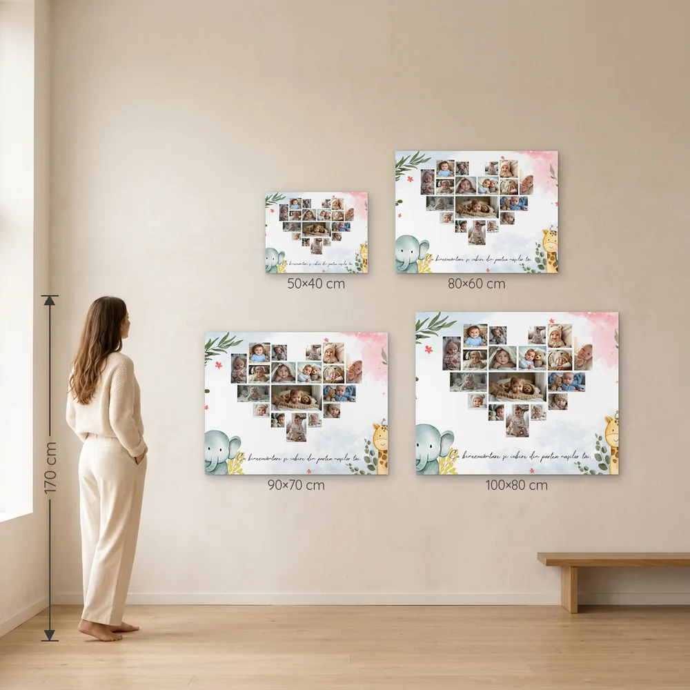 Tablou Canvas Personalizat Colaj Botez – dimensiuni disponibile (40×50, 60×80, 70×90, 80×100 cm) pe perete, la scară reală lângă o persoană de 1,70 m