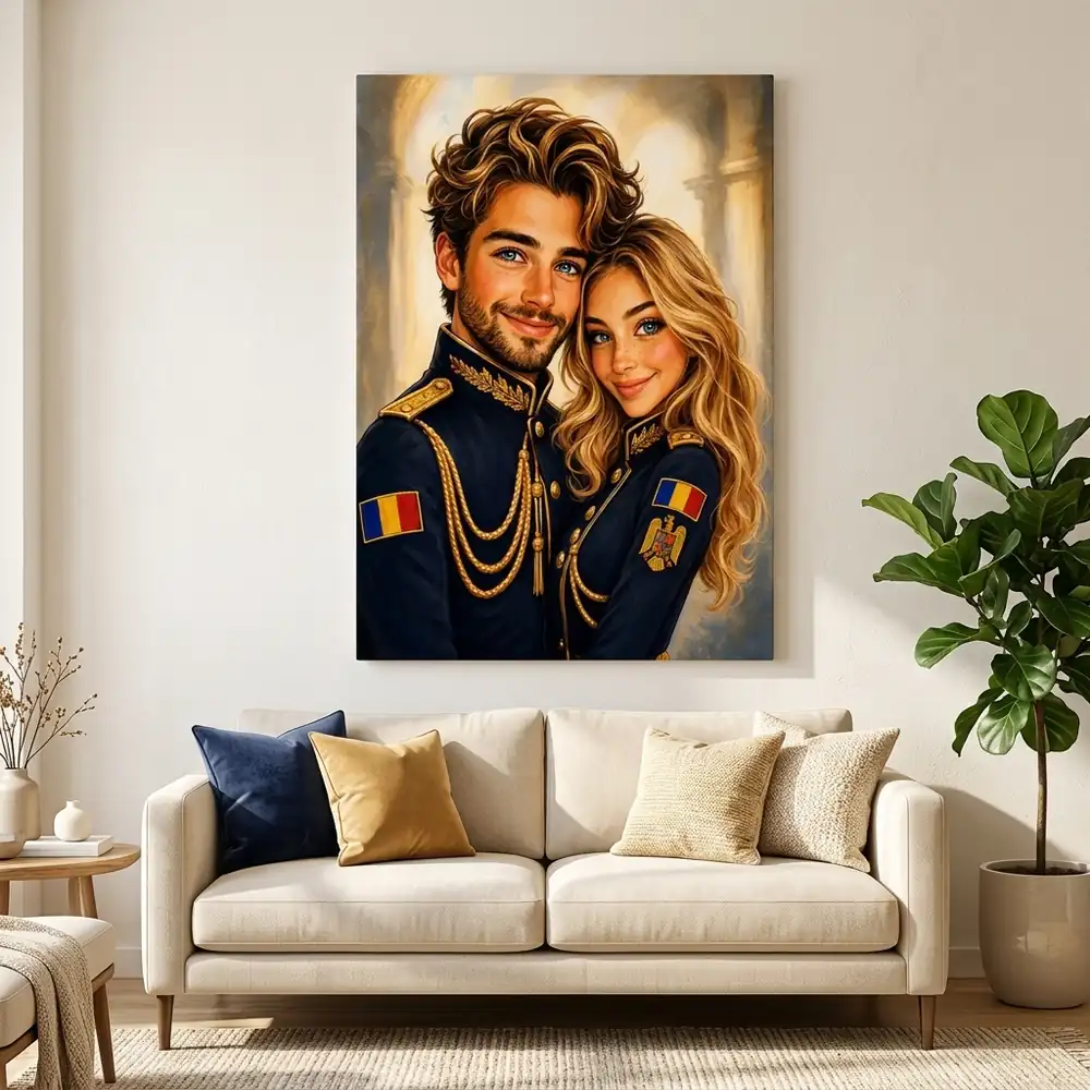 Tablou Caricatură Cuplu Militar cu poza voastră – tablou canvas în decor