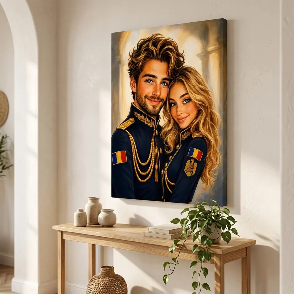 Tablou Caricatură Cuplu Militar cu poza voastră – tablou canvas în decor
