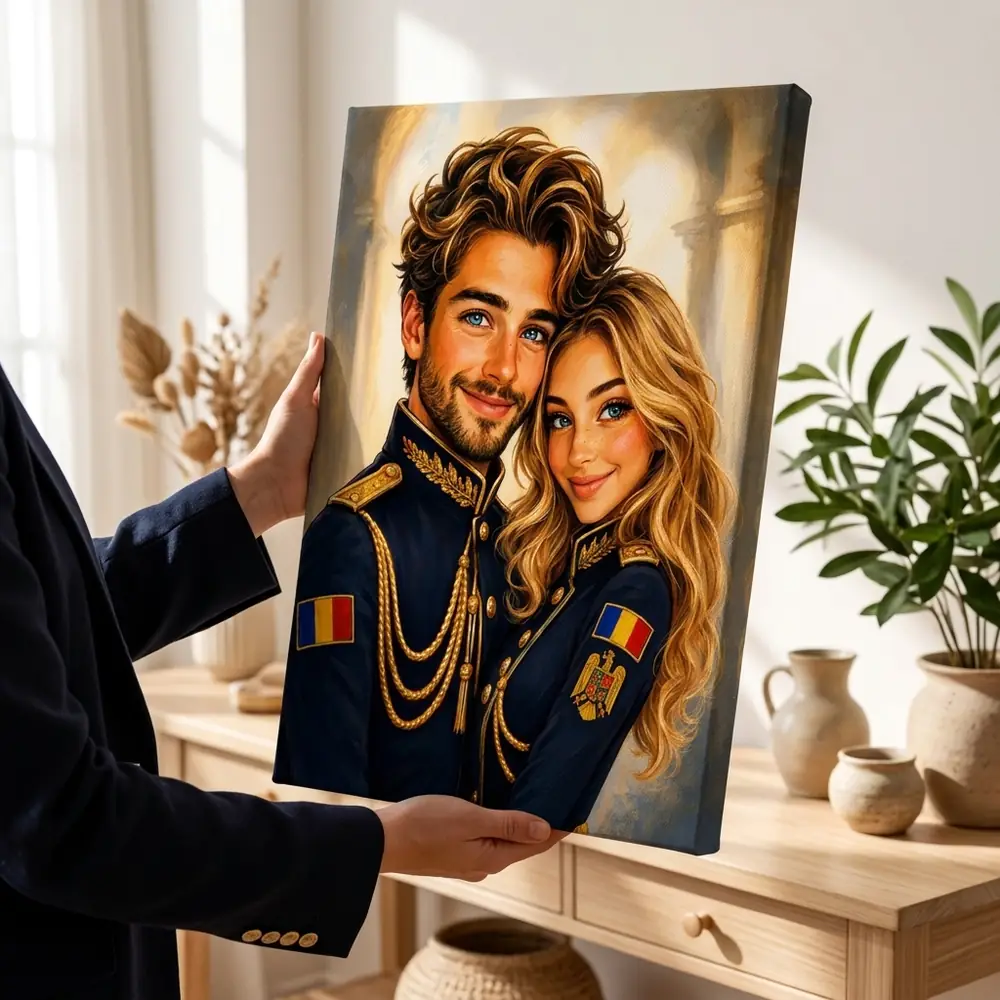 Tablou Caricatură Cuplu Militar cu poza voastră – tablou canvas în decor