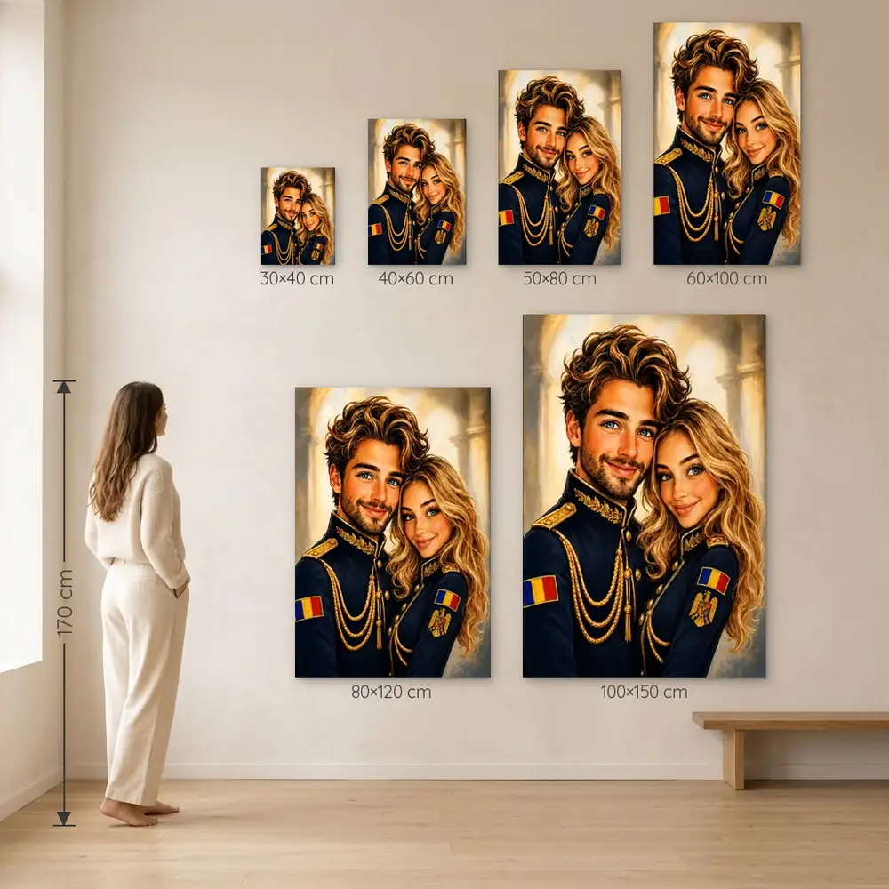 Tablou Caricatură Cuplu Militar cu poza voastră – dimensiuni disponibile (30×40, 40×60, 50×80, 60×100, 80×120, 100×150 cm) pe perete, la scară reală lângă o persoană de 1,70 m