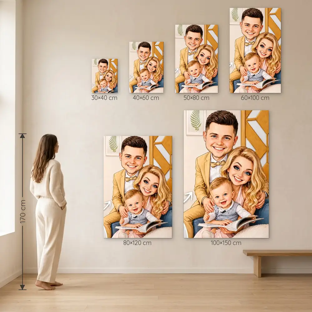 Tablou caricatură personalizat după poză – dimensiuni disponibile (30×40, 40×60, 50×80, 60×100, 80×120, 100×150 cm) pe perete, la scară reală lângă o persoană de 1,70 m