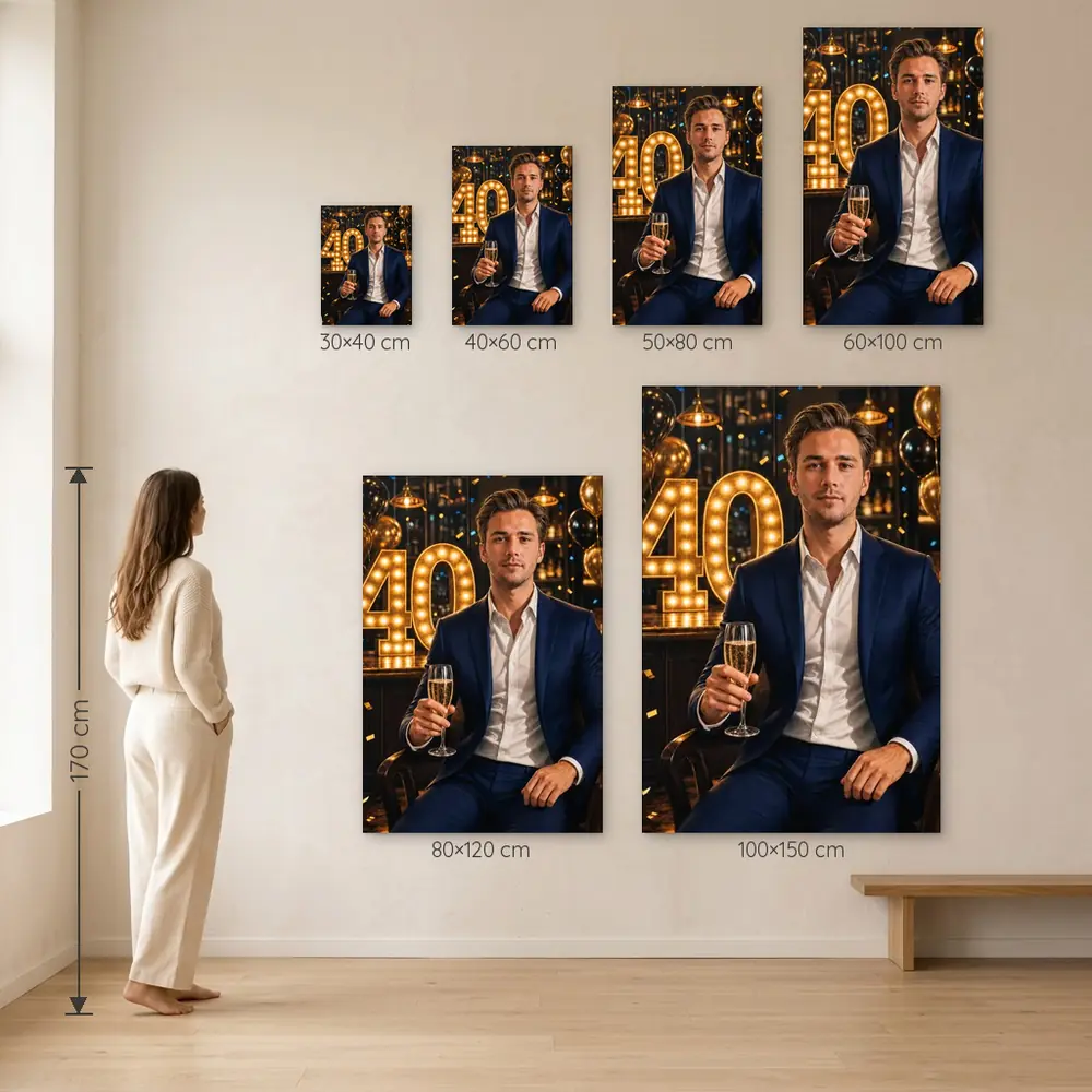 Tablou Personalizat Caricatură Aniversare 40 de ani – dimensiuni disponibile (30×40, 40×60, 50×80, 60×100, 80×120, 100×150 cm) pe perete, la scară reală lângă o persoană de 1,70 m