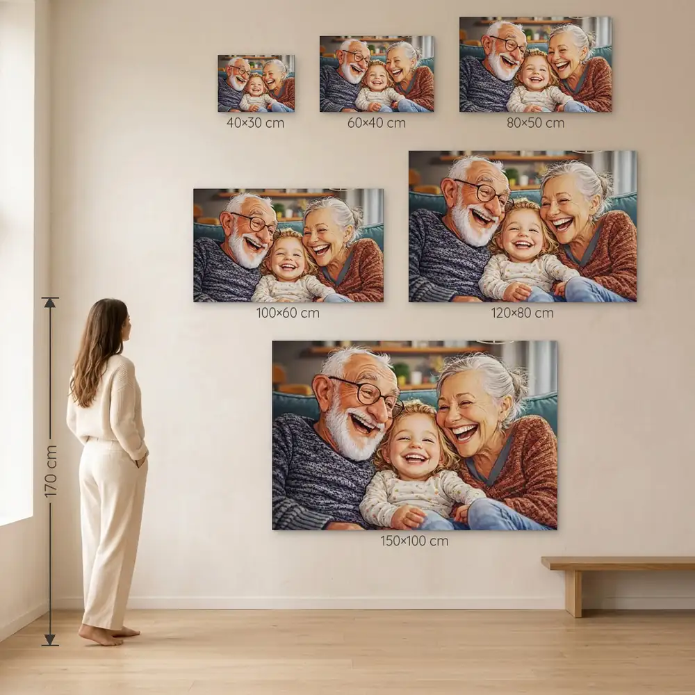 Tablou Personalizat Caricatură pentru Bunici – dimensiuni disponibile (30×40, 40×60, 50×80, 60×100, 80×120, 100×150 cm) pe perete, la scară reală lângă o persoană de 1,70 m