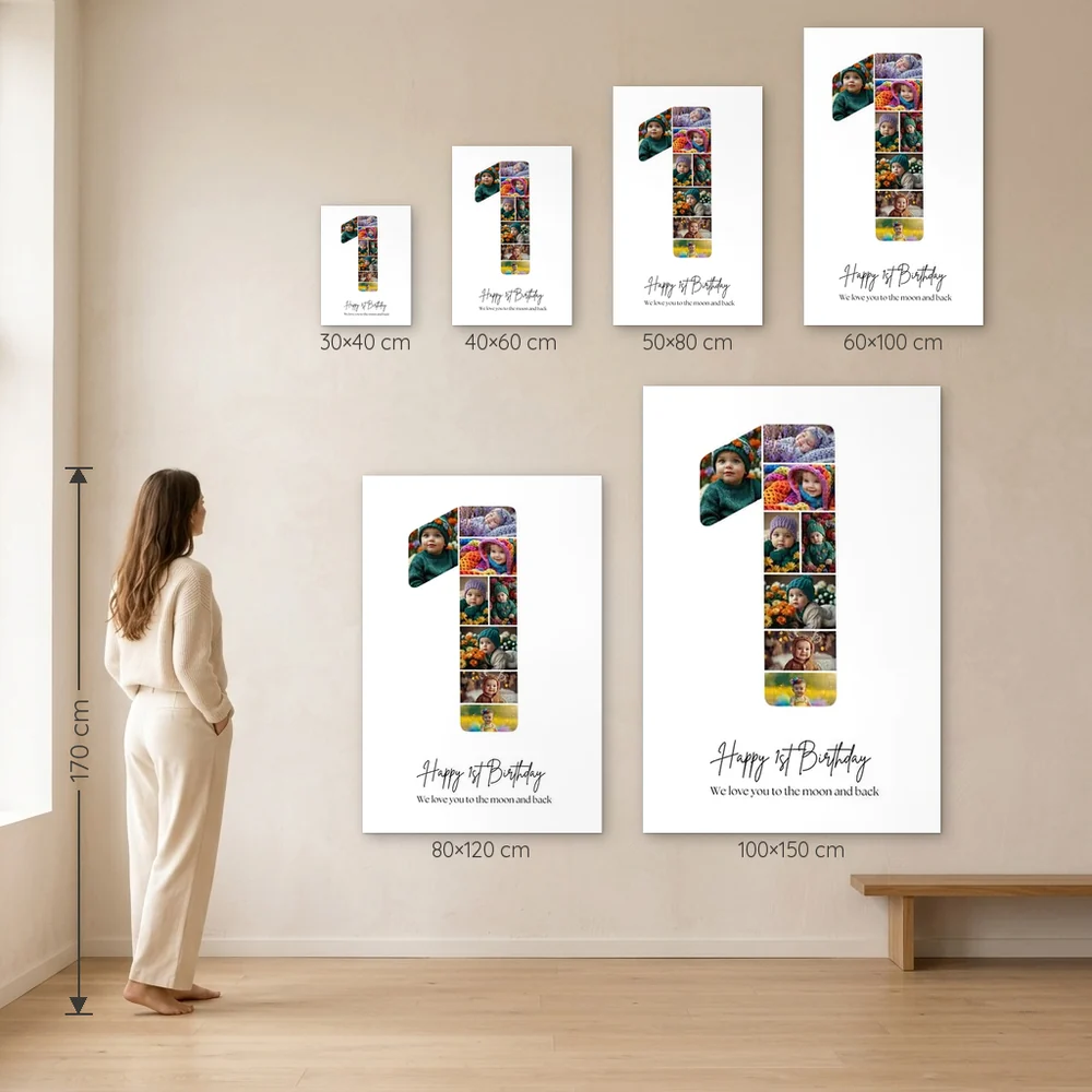 Tablou Personalizat Colaj Aniversare 1 an – dimensiuni disponibile (30×40, 40×60, 50×80, 60×100, 80×120, 100×150 cm) pe perete, la scară reală lângă o persoană de 1,70 m