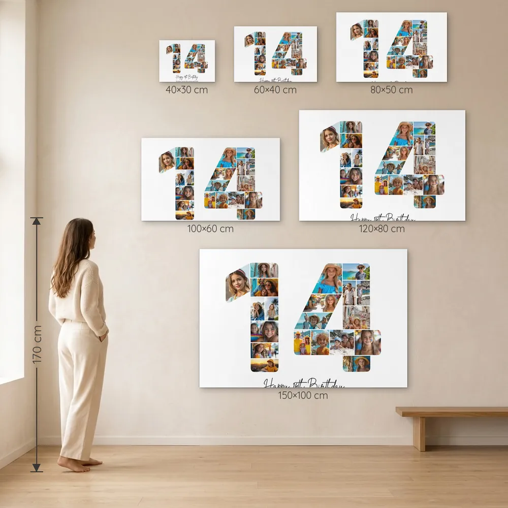 Tablou Personalizat Colaj Aniversare 14 ani – dimensiuni disponibile (30×40, 40×60, 50×80, 60×100, 80×120, 100×150 cm) pe perete, la scară reală lângă o persoană de 1,70 m