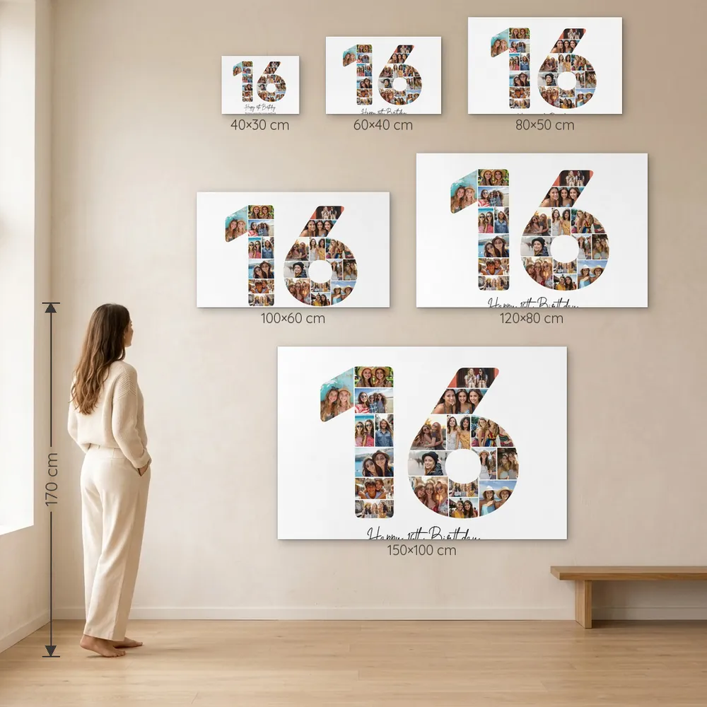 Tablou Personalizat Colaj Aniversare 16 ani – dimensiuni disponibile (30×40, 40×60, 50×80, 60×100, 80×120, 100×150 cm) pe perete, la scară reală lângă o persoană de 1,70 m