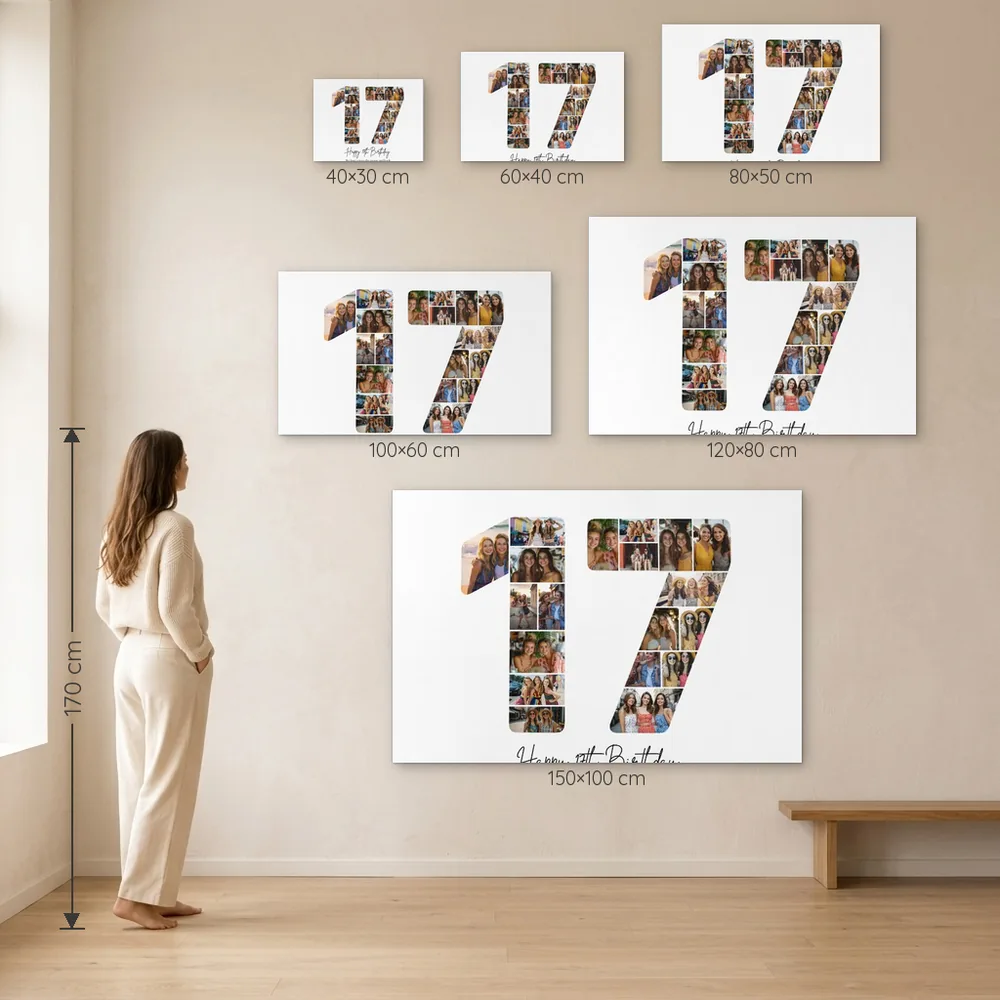 Tablou Personalizat Colaj Aniversare 17 ani – dimensiuni disponibile (30×40, 40×60, 50×80, 60×100, 80×120, 100×150 cm) pe perete, la scară reală lângă o persoană de 1,70 m