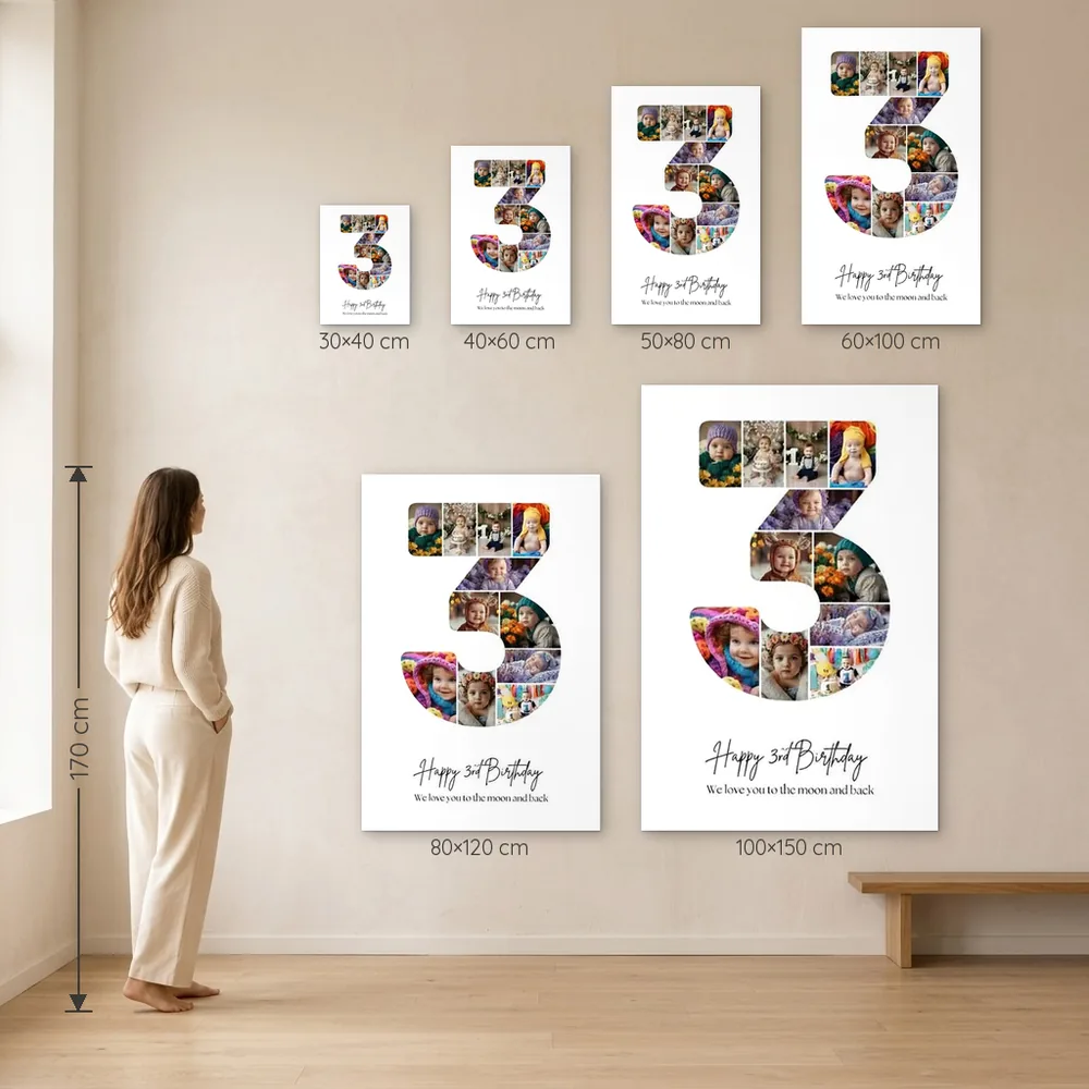 Tablou Personalizat Colaj Aniversare 3 ani – dimensiuni disponibile (30×40, 40×60, 50×80, 60×100, 80×120, 100×150 cm) pe perete, la scară reală lângă o persoană de 1,70 m