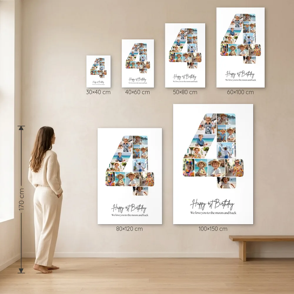 Tablou Personalizat Colaj Aniversare 4 ani – dimensiuni disponibile (30×40, 40×60, 50×80, 60×100, 80×120, 100×150 cm) pe perete, la scară reală lângă o persoană de 1,70 m